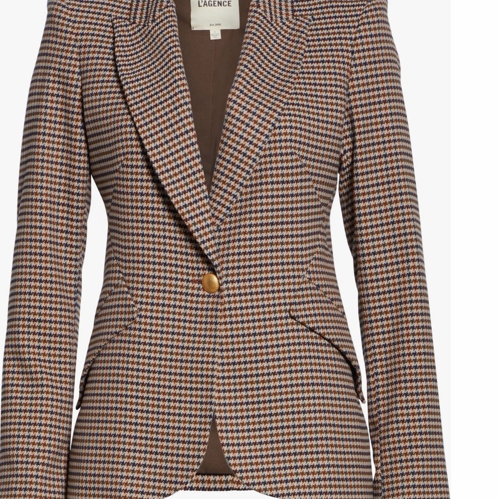 L'AGENCE Brown & Cream Houndstooth Single-Button Blazer - Picture 3 of 7